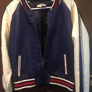 Charlotte Russe Satin Baseball Jacket -Navy and Off white Size Large